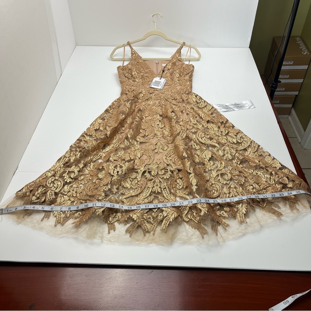 Dress the Population Blair Gold Nude Embellished Midi Dress Women’s Size XS NEW - Picture 8 of 13